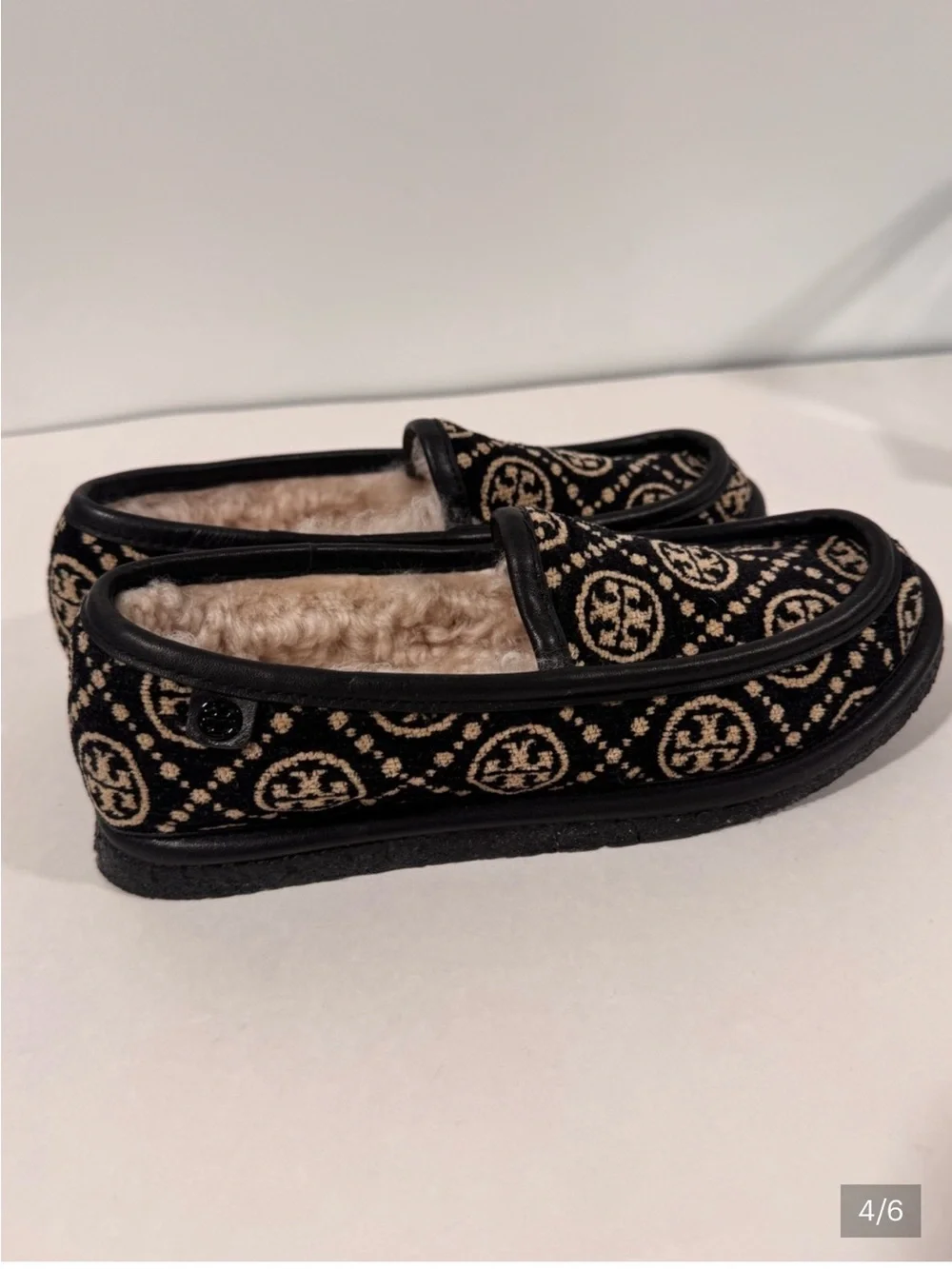 Tory Burch Black & Cream Monogram Shearling Loafers